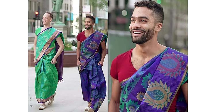 শিকাগো শহরে বন্ধুর বিয়েতে শাড়ি পরে দুই যুবক