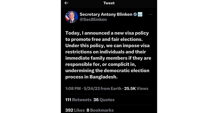 বাংলাদেশে সুষ্ঠ ফেয়ার নির্বাচনে বাধা দানকারীদেরজন্য যুক্তরাষ্ট্রের ভিসা বিধা বিধি নিষেধ জারী।